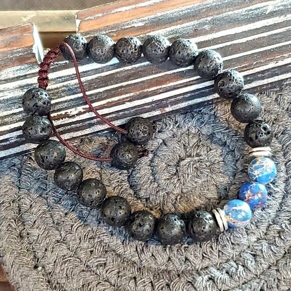 Chakra Bracelet Blue Aqua Terra Jasper and Lava - Picture 4 of 7